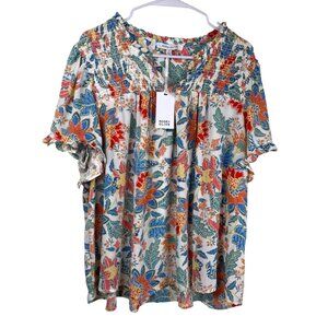 Rose & Olive Top Women's Short Sleeves Ruffles Smocked Floral Mulitcolor  1X NWT